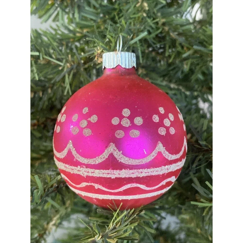 Vintage Christmas Shiny Brite Glass Ornament Pink Ball Mica Candle Design